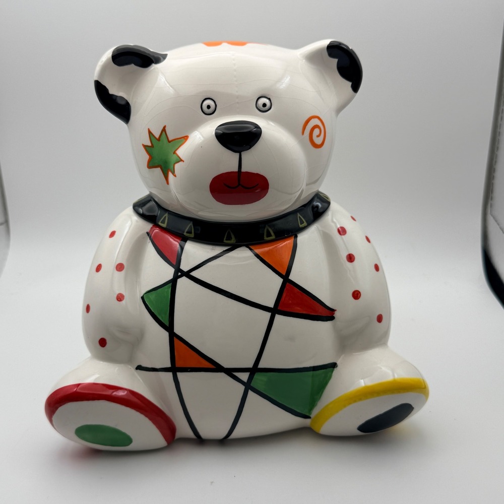 Geometric Ceramic Teddy Bear Cookie Jar Multi-Color Polka Dot CE05053